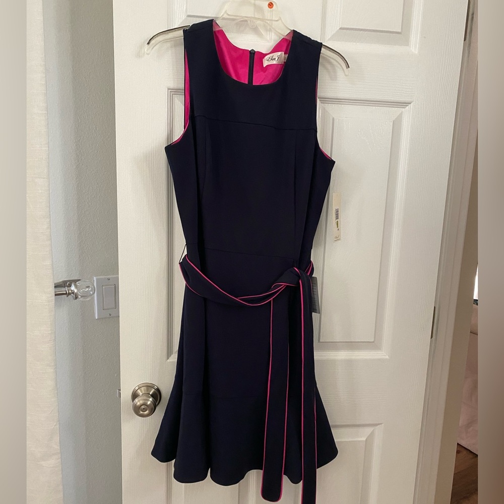 Eliza J navy belted dress with flounce hem